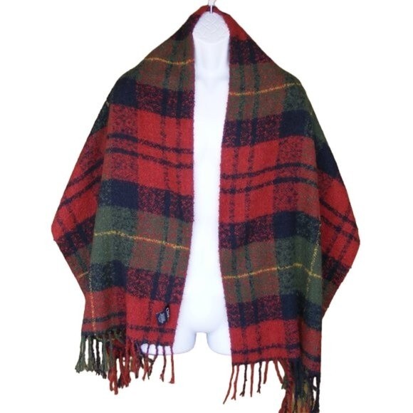 CHAPS Scarf, 65.5x20, Wide, Red, Blue, Green plaid, Fringe finish, Poly/Washable - Picture 2 of 4